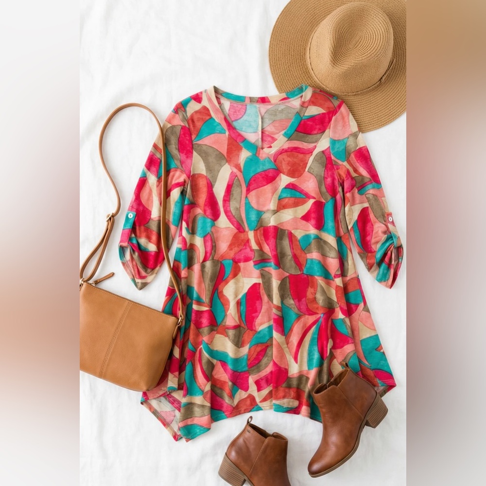 016 Hayzel Multi Color Geo Print V Neck Roll Tab Sleeve Asymmetric Hem Top